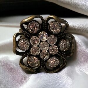 Vintage 3D‎ Open Flower Rhinestone Bronze Tone Adjustable Coctail Ring Size 6.75